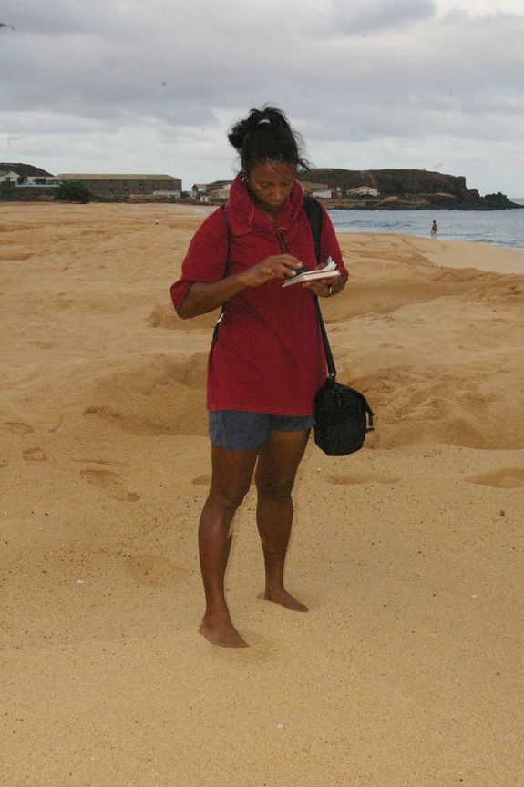 Jacqui Ellick collects location data on green sea turtle nests
